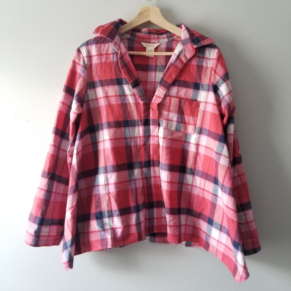 Sundance Catalog Pink Plaid Cotton Assymetrical Flannel Pullover Top